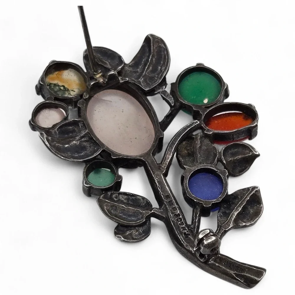 T.M. & Co. Flower Brooch Sterling Silver Multi Gemstone 1963 Vintage Hallmark